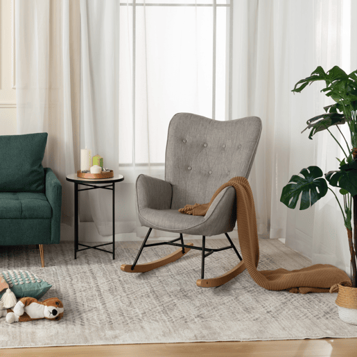 MEUBLES COSY Cadeira De Balanço De Relax Estofada Em Tecido Cinza Com Encosto Alto Ergonómico Apoios De Braço Acolchoados Base Em Madeira Natural E Metal Design Moderno Medidas 98x68x85 Cm Suporta Até 120 Kg Ideal Para Sala Quarto