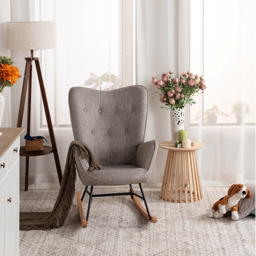 MEUBLES COSY Cadeira De Balanço De Relax Estofada Em Tecido Cinza Com Encosto Alto Ergonómico Apoios De Braço Acolchoados Base Em Madeira Natural E Metal Design Moderno Medidas 98x68x85 Cm Suporta Até 120 Kg Ideal Para Sala Quarto