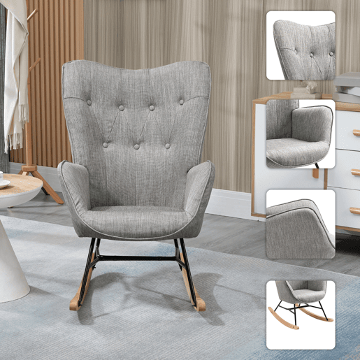 MEUBLES COSY Cadeira De Balanço De Relax Estofada Em Tecido Cinza Com Encosto Alto Ergonómico Apoios De Braço Acolchoados Base Em Madeira Natural E Metal Design Moderno Medidas 98x68x85 Cm Suporta Até 120 Kg Ideal Para Sala Quarto