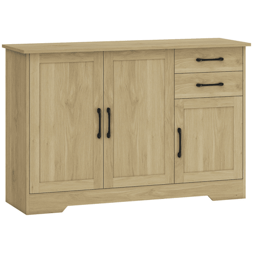 HOMCOM Aparador 3 Portas, Aparador para Sala Rústico Moderno, com 2 Gavetas, Prateleira Ajustável, Dobradiça com Fecho Suave, para Sala de Jantar, Entrada, Quarto, Natural, 120x38x79 cm