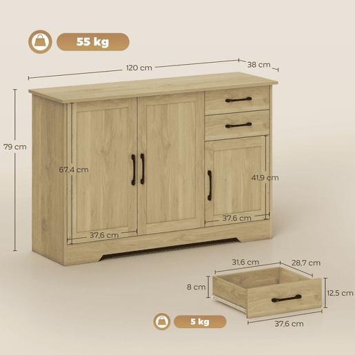 HOMCOM Aparador 3 Portas, Aparador para Sala Rústico Moderno, com 2 Gavetas, Prateleira Ajustável, Dobradiça com Fecho Suave, para Sala de Jantar, Entrada, Quarto, Natural, 120x38x79 cm