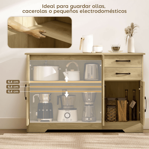 HOMCOM Aparador 3 Portas, Aparador para Sala Rústico Moderno, com 2 Gavetas, Prateleira Ajustável, Dobradiça com Fecho Suave, para Sala de Jantar, Entrada, Quarto, Natural, 120x38x79 cm