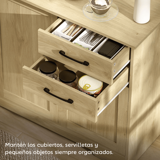 HOMCOM Aparador 3 Portas, Aparador para Sala Rústico Moderno, com 2 Gavetas, Prateleira Ajustável, Dobradiça com Fecho Suave, para Sala de Jantar, Entrada, Quarto, Natural, 120x38x79 cm