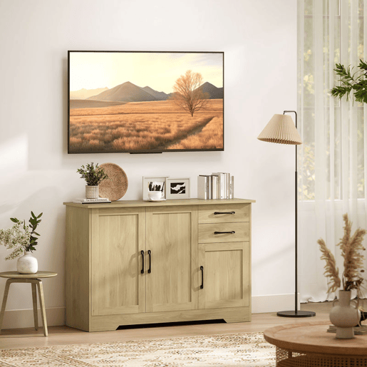 HOMCOM Aparador 3 Portas, Aparador para Sala Rústico Moderno, com 2 Gavetas, Prateleira Ajustável, Dobradiça com Fecho Suave, para Sala de Jantar, Entrada, Quarto, Natural, 120x38x79 cm