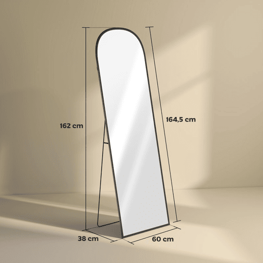 HOMCOM Espelho de Pé Espelho de Corpo Inteiro 60x165 cm Espelho de Parede com Estrutura de Liga de Alumínio e Suporte para Sala Quarto Banheiro Preto