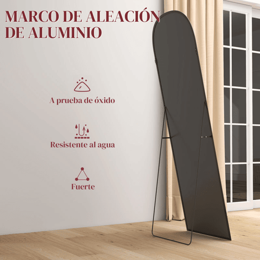 HOMCOM Espelho de Pé Espelho de Corpo Inteiro 60x165 cm Espelho de Parede com Estrutura de Liga de Alumínio e Suporte para Sala Quarto Banheiro Preto