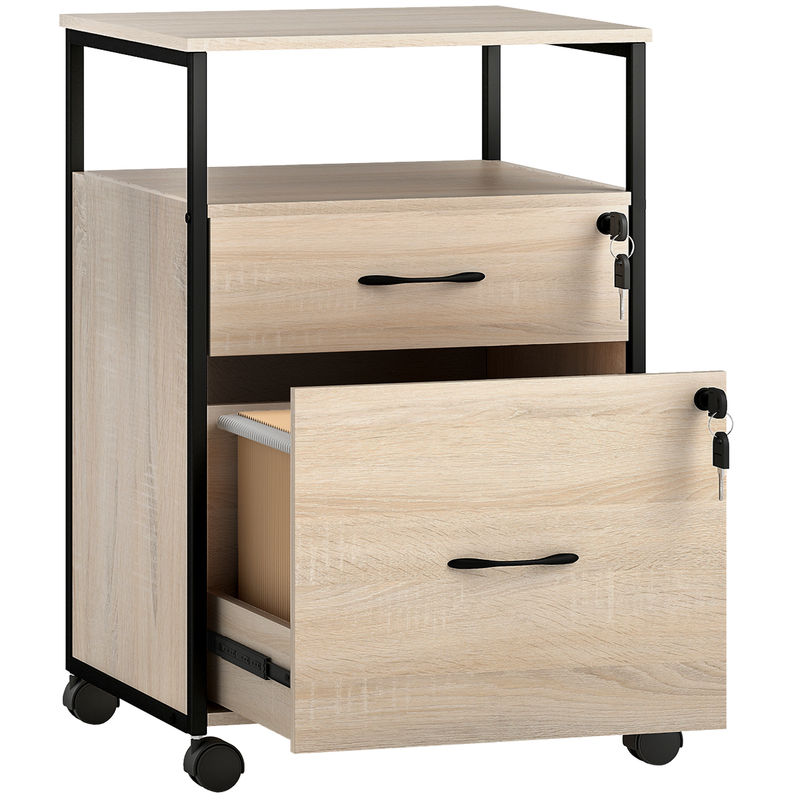 Vinsetto cajonera de oficina con 2 cajones, cajonera de escritorio con ruedas, barra colgante, cerradura y 2 llaves para a4 carta, archivador móvil para estudio, 44x40x66,5 cm, natural