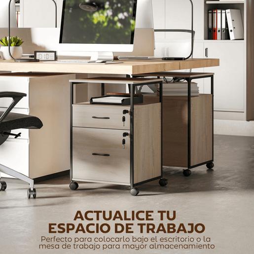 Vinsetto Arquivador com Fechadura Bloco de Gavetas Escritório com Rodas 2 Gavetas Barra Suspensa para Papéis A4 e Carta e 2 Chaves 44x40x66,5 cm Madeira