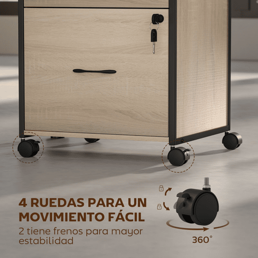 Vinsetto Arquivador com Fechadura Bloco de Gavetas Escritório com Rodas 2 Gavetas Barra Suspensa para Papéis A4 e Carta e 2 Chaves 44x40x66,5 cm Madeira