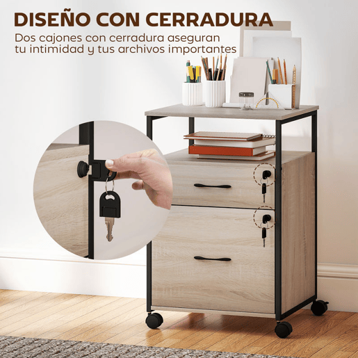 Vinsetto Arquivador com Fechadura Bloco de Gavetas Escritório com Rodas 2 Gavetas Barra Suspensa para Papéis A4 e Carta e 2 Chaves 44x40x66,5 cm Madeira