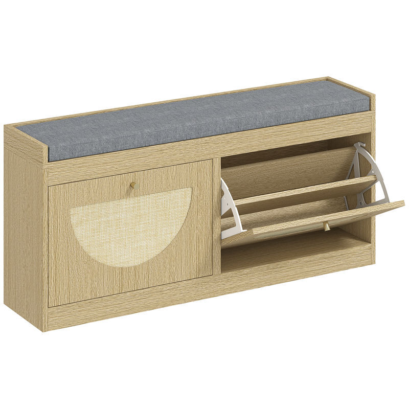 Homcom banco zapatero, banco recibidor bohemio, con asiento acolchado, puertas frentes de ratán, estante ajustable, para 8 pares de zapatos, para entrada, 105x35x47 cm, natural