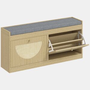 HOMCOM Banco Sapateira Banco de Entrada Boémio com Assento Acolchoado Portas Frentes de Vime Prateleira Ajustável para 8 Pares de Sapatos 105x35x47 cm Madeira