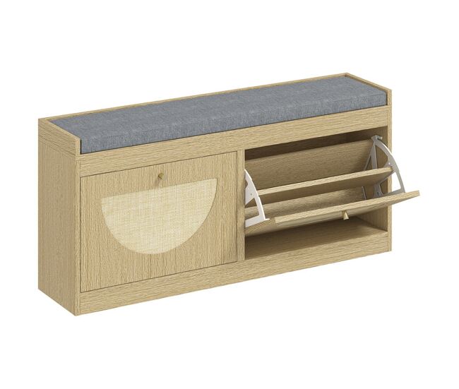 Homcom banco zapatero, banco recibidor bohemio, con asiento acolchado, puertas frentes de ratán, estante ajustable, para 8 pares de zapatos, para