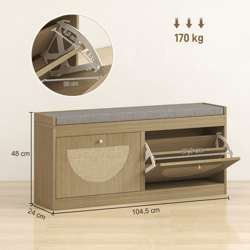 HOMCOM Banco Sapateira Banco de Entrada Boémio com Assento Acolchoado Portas Frentes de Vime Prateleira Ajustável para 8 Pares de Sapatos 105x35x47 cm Madeira