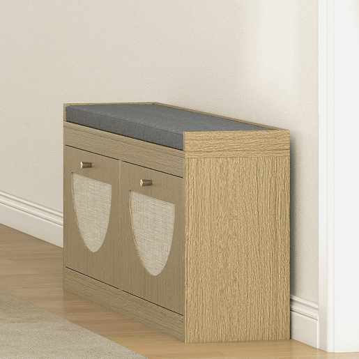 HOMCOM Banco Sapateira Banco de Entrada Boémio com Assento Acolchoado Portas Frentes de Vime Prateleira Ajustável para 8 Pares de Sapatos 105x35x47 cm Madeira