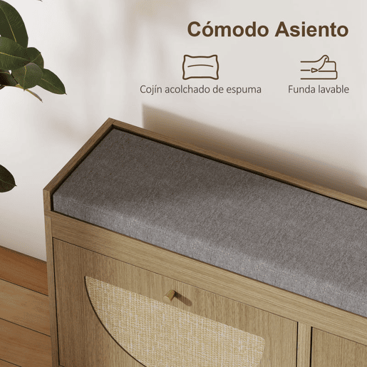 HOMCOM Banco Sapateira Banco de Entrada Boémio com Assento Acolchoado Portas Frentes de Vime Prateleira Ajustável para 8 Pares de Sapatos 105x35x47 cm Madeira