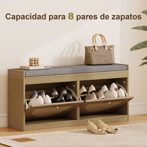 HOMCOM Banco Sapateira Banco de Entrada Boémio com Assento Acolchoado Portas Frentes de Vime Prateleira Ajustável para 8 Pares de Sapatos 105x35x47 cm Madeira