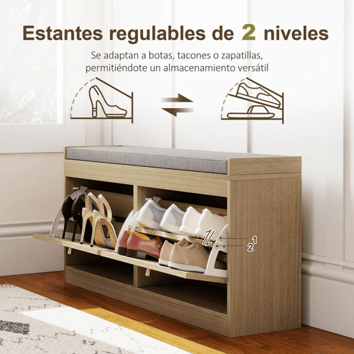 HOMCOM Banco Sapateira Banco de Entrada Boémio com Assento Acolchoado Portas Frentes de Vime Prateleira Ajustável para 8 Pares de Sapatos 105x35x47 cm Madeira