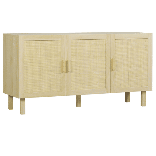 HOMCOM Aparador 3 Portas com Palhinha Aparador Estilo Cannage para Sala de Estar com Prateleiras Ajustáveis para Sala de Jantar Entrada Quarto 136x41x70 cm Madeira