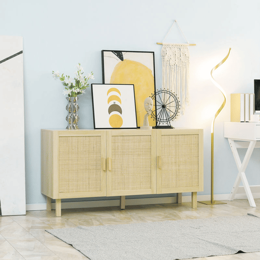 HOMCOM Aparador 3 Portas com Palhinha Aparador Estilo Cannage para Sala de Estar com Prateleiras Ajustáveis para Sala de Jantar Entrada Quarto 136x41x70 cm Madeira
