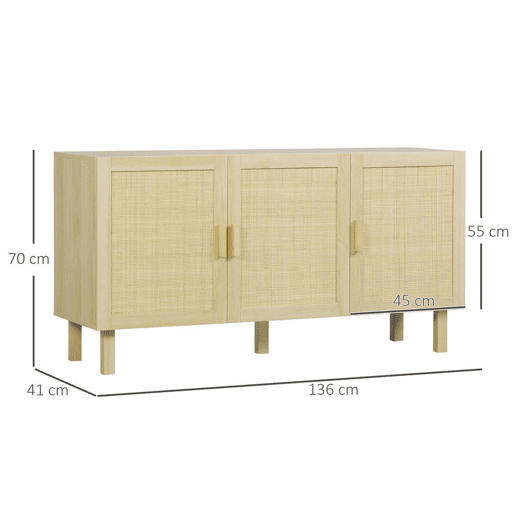 HOMCOM Aparador 3 Portas com Palhinha Aparador Estilo Cannage para Sala de Estar com Prateleiras Ajustáveis para Sala de Jantar Entrada Quarto 136x41x70 cm Madeira