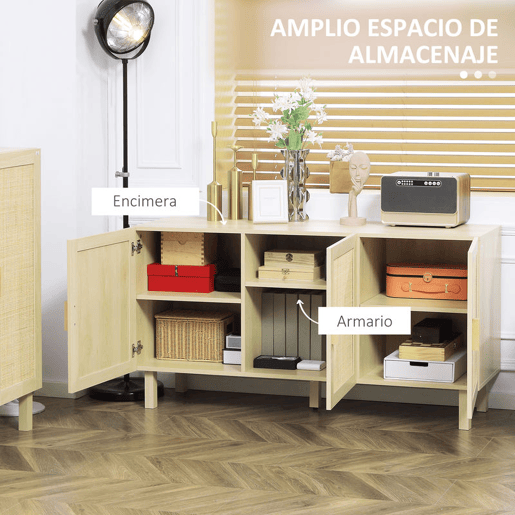HOMCOM Aparador 3 Portas com Palhinha Aparador Estilo Cannage para Sala de Estar com Prateleiras Ajustáveis para Sala de Jantar Entrada Quarto 136x41x70 cm Madeira