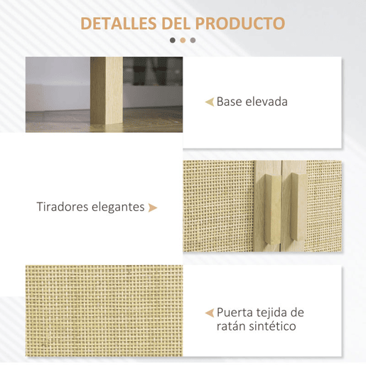 HOMCOM Aparador 3 Portas com Palhinha Aparador Estilo Cannage para Sala de Estar com Prateleiras Ajustáveis para Sala de Jantar Entrada Quarto 136x41x70 cm Madeira