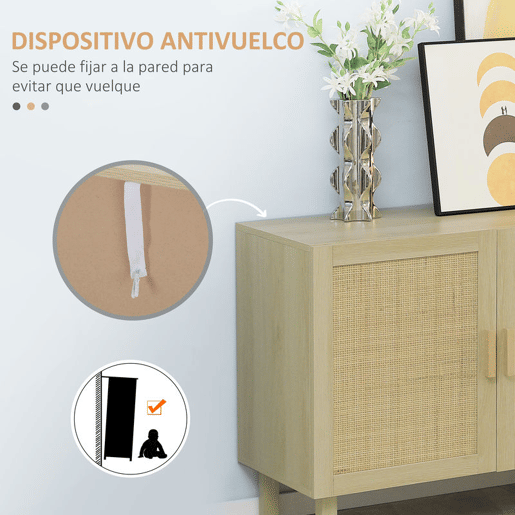 HOMCOM Aparador 3 Portas com Palhinha Aparador Estilo Cannage para Sala de Estar com Prateleiras Ajustáveis para Sala de Jantar Entrada Quarto 136x41x70 cm Madeira
