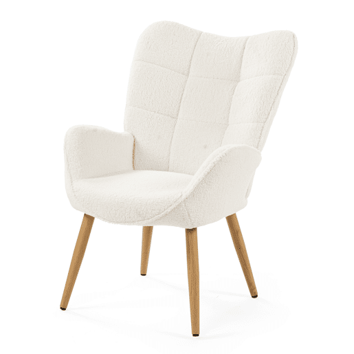 Poltrona Relax Acolchoada Estilo Escandinavo Cor Branco Off Com Pernas De Madeira Resistente Altura Ergonómica 90.5cm Ideal Para Sala Quarto Escritório Sala De Jantar Moderna Confortável Encosto Alto Capacidade 120kg