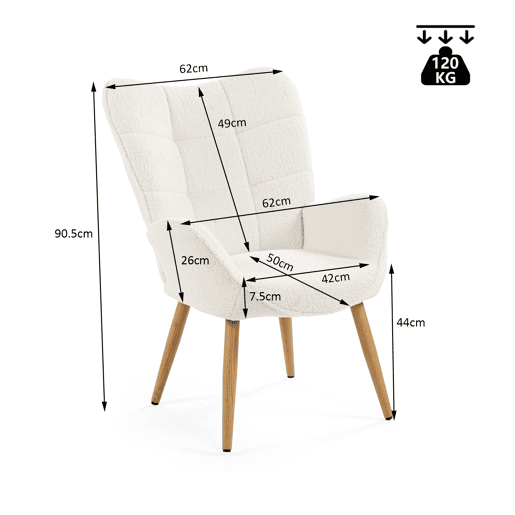 Poltrona Relax Acolchoada Estilo Escandinavo Cor Branco Off Com Pernas De Madeira Resistente Altura Ergonómica 90.5cm Ideal Para Sala Quarto Escritório Sala De Jantar Moderna Confortável Encosto Alto Capacidade 120kg