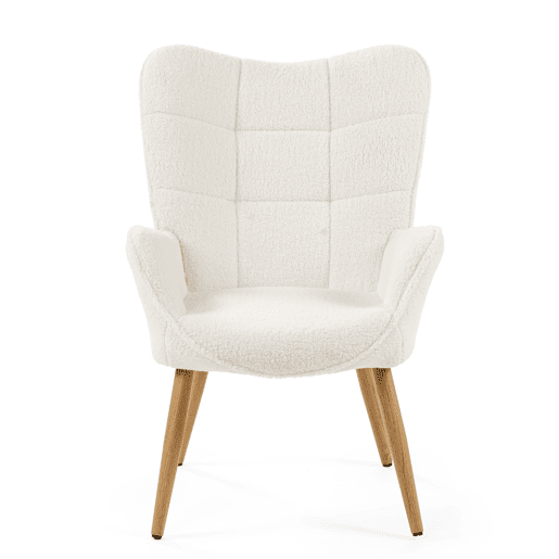 Poltrona Relax Acolchoada Estilo Escandinavo Cor Branco Off Com Pernas De Madeira Resistente Altura Ergonómica 90.5cm Ideal Para Sala Quarto Escritório Sala De Jantar Moderna Confortável Encosto Alto Capacidade 120kg