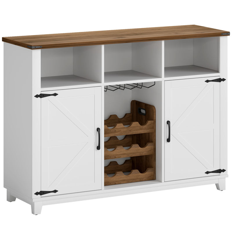 Homcom aparador de cocina con botellero, aparador con 2 puertas de granero, estantes ajustables y soporte para copas, para 9 botellas, buffet auxiliar de cocina para comedor, salón 120x37x88 cm blanco