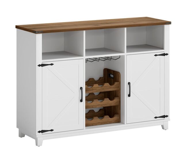 Homcom aparador de cocina con botellero, aparador con 2 puertas de granero, estantes ajustables y soporte para copas, para 9 botellas, buffet auxiliar de cocina para comedor, salón 120x37x88 cm blanco