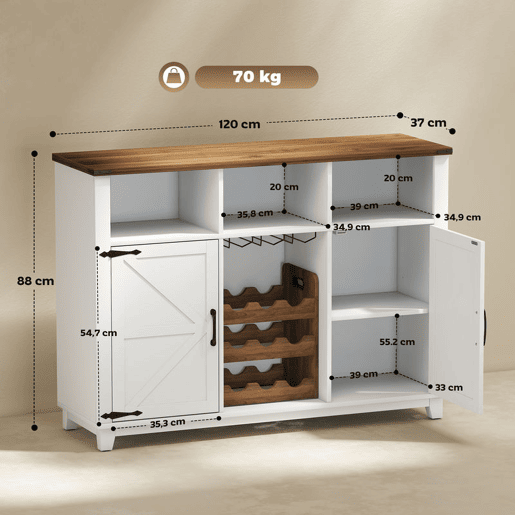 HOMCOM Aparador de Cozinha com Suporte para Garrafas Aparador com 2 Portas de Celeiro Prateleiras Ajustáveis e Suporte para Copos para 9 Garrafas Buffet Auxiliar de Cozinha 120x37x88 cm Branco