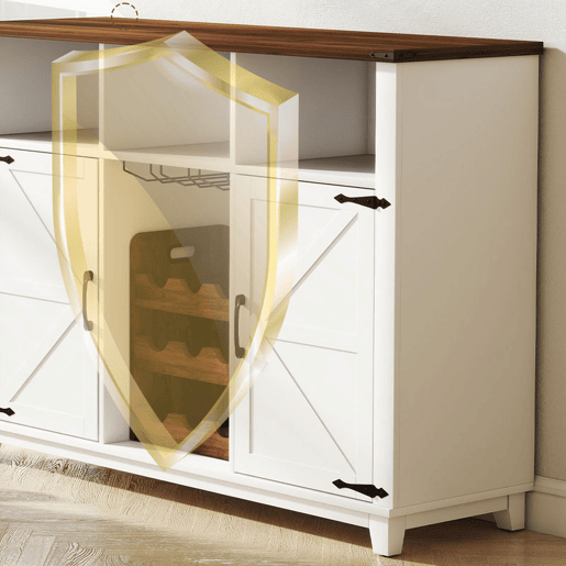 HOMCOM Aparador de Cozinha com Suporte para Garrafas Aparador com 2 Portas de Celeiro Prateleiras Ajustáveis e Suporte para Copos para 9 Garrafas Buffet Auxiliar de Cozinha 120x37x88 cm Branco