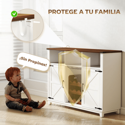 HOMCOM Aparador de Cozinha com Suporte para Garrafas Aparador com 2 Portas de Celeiro Prateleiras Ajustáveis e Suporte para Copos para 9 Garrafas Buffet Auxiliar de Cozinha 120x37x88 cm Branco