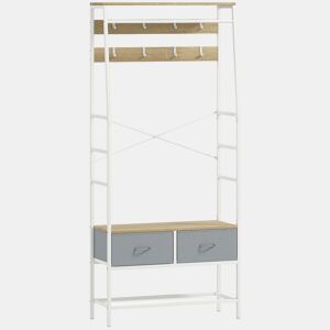 HOMCOM Móvel Cabide de Entrada com Banco Sapateira 8 Ganchos 2 Gavetas de Tecido Barra Prateleira de Rede Estilo Industrial para Corredor Quarto Sala de Estar 80x30x180,5 cm Branco e Madeira