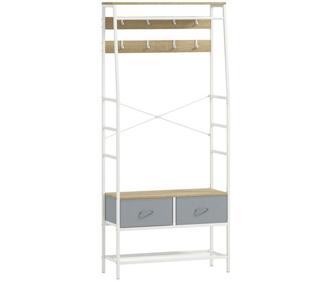 Homcom perchero zapatero perchero entrada recibidor con zapatero 8 ganchos 2 cajones de tela barra estante de malla estilo industrial para colgar ropa pasillo dormitorio salón 80x30x180,5 cm natural