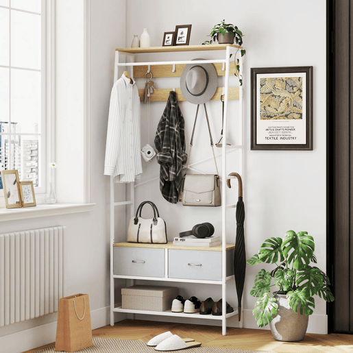 HOMCOM Móvel Cabide de Entrada com Banco Sapateira 8 Ganchos 2 Gavetas de Tecido Barra Prateleira de Rede Estilo Industrial para Corredor Quarto Sala de Estar 80x30x180,5 cm Branco e Madeira