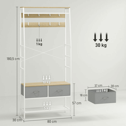 HOMCOM Móvel Cabide de Entrada com Banco Sapateira 8 Ganchos 2 Gavetas de Tecido Barra Prateleira de Rede Estilo Industrial para Corredor Quarto Sala de Estar 80x30x180,5 cm Branco e Madeira