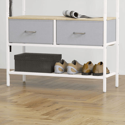 HOMCOM Móvel Cabide de Entrada com Banco Sapateira 8 Ganchos 2 Gavetas de Tecido Barra Prateleira de Rede Estilo Industrial para Corredor Quarto Sala de Estar 80x30x180,5 cm Branco e Madeira