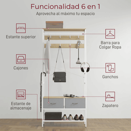 HOMCOM Móvel Cabide de Entrada com Banco Sapateira 8 Ganchos 2 Gavetas de Tecido Barra Prateleira de Rede Estilo Industrial para Corredor Quarto Sala de Estar 80x30x180,5 cm Branco e Madeira