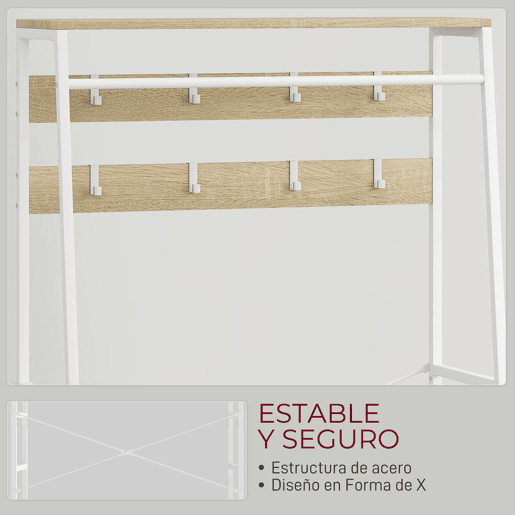 HOMCOM Móvel Cabide de Entrada com Banco Sapateira 8 Ganchos 2 Gavetas de Tecido Barra Prateleira de Rede Estilo Industrial para Corredor Quarto Sala de Estar 80x30x180,5 cm Branco e Madeira