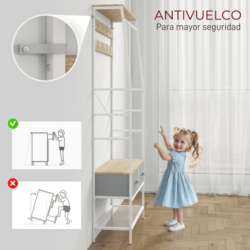 HOMCOM Móvel Cabide de Entrada com Banco Sapateira 8 Ganchos 2 Gavetas de Tecido Barra Prateleira de Rede Estilo Industrial para Corredor Quarto Sala de Estar 80x30x180,5 cm Branco e Madeira
