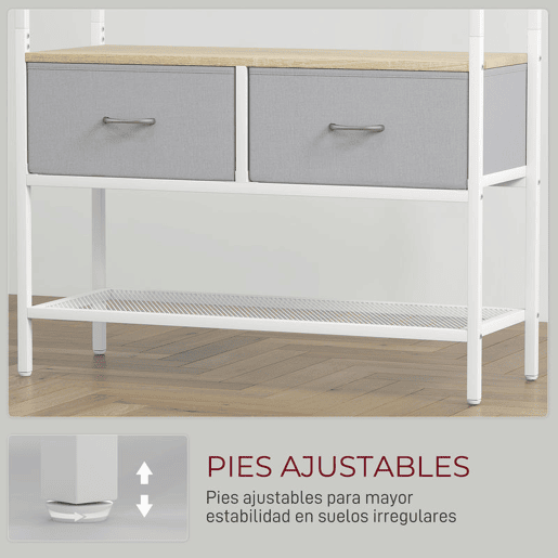 HOMCOM Móvel Cabide de Entrada com Banco Sapateira 8 Ganchos 2 Gavetas de Tecido Barra Prateleira de Rede Estilo Industrial para Corredor Quarto Sala de Estar 80x30x180,5 cm Branco e Madeira