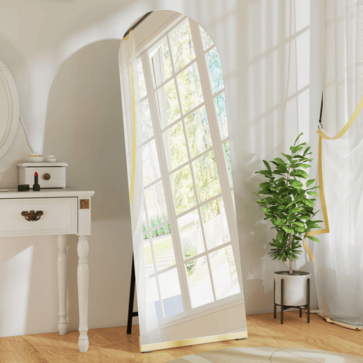 HOMCOM Espelho de Pé Curvado 160x50 cm Espelho de Corpo Inteiro sem Moldura Base de Madeira para Sala Quarto Corredor Entrada Prata e Preto