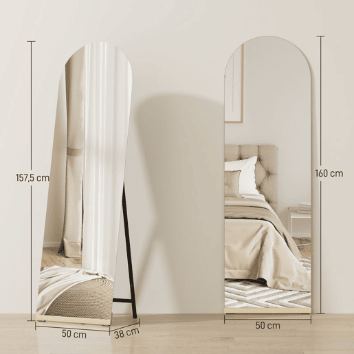 HOMCOM Espelho de Pé Curvado 160x50 cm Espelho de Corpo Inteiro sem Moldura Base de Madeira para Sala Quarto Corredor Entrada Prata e Preto