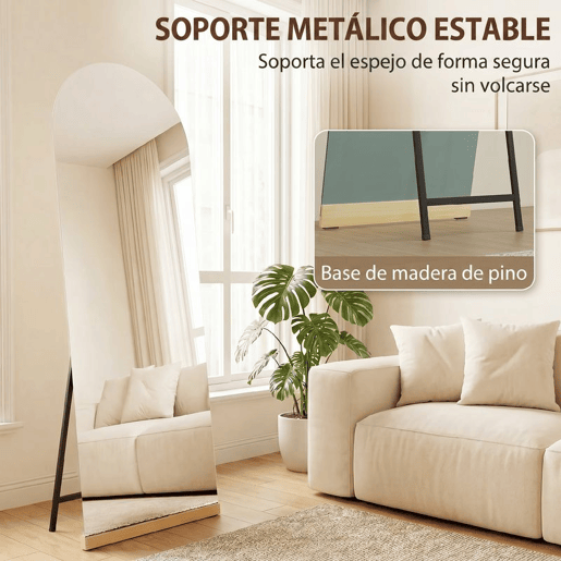 HOMCOM Espelho de Pé Curvado 160x50 cm Espelho de Corpo Inteiro sem Moldura Base de Madeira para Sala Quarto Corredor Entrada Prata e Preto