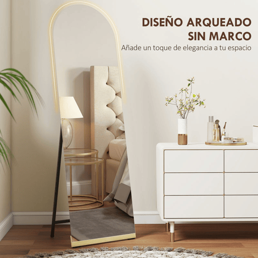 HOMCOM Espelho de Pé Curvado 160x50 cm Espelho de Corpo Inteiro sem Moldura Base de Madeira para Sala Quarto Corredor Entrada Prata e Preto