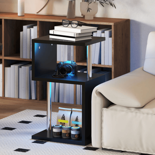 HOMCOM Mesa Auxiliar com Luz LED de 3 Níveis Mesa Auxiliar Moderna com Forma de S Prateleiras Abertas e Estrutura em Alumínio para Sala Quarto 44x38x75 cm Preto Brilhante